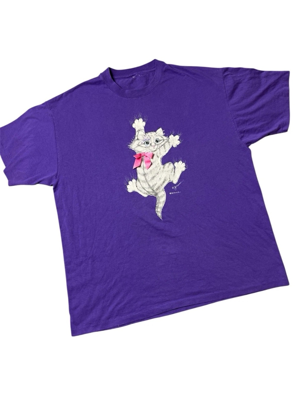 Vintage 80s Womens Morning Sun Purple Single Stitch Cat Claw Bow T Shirt